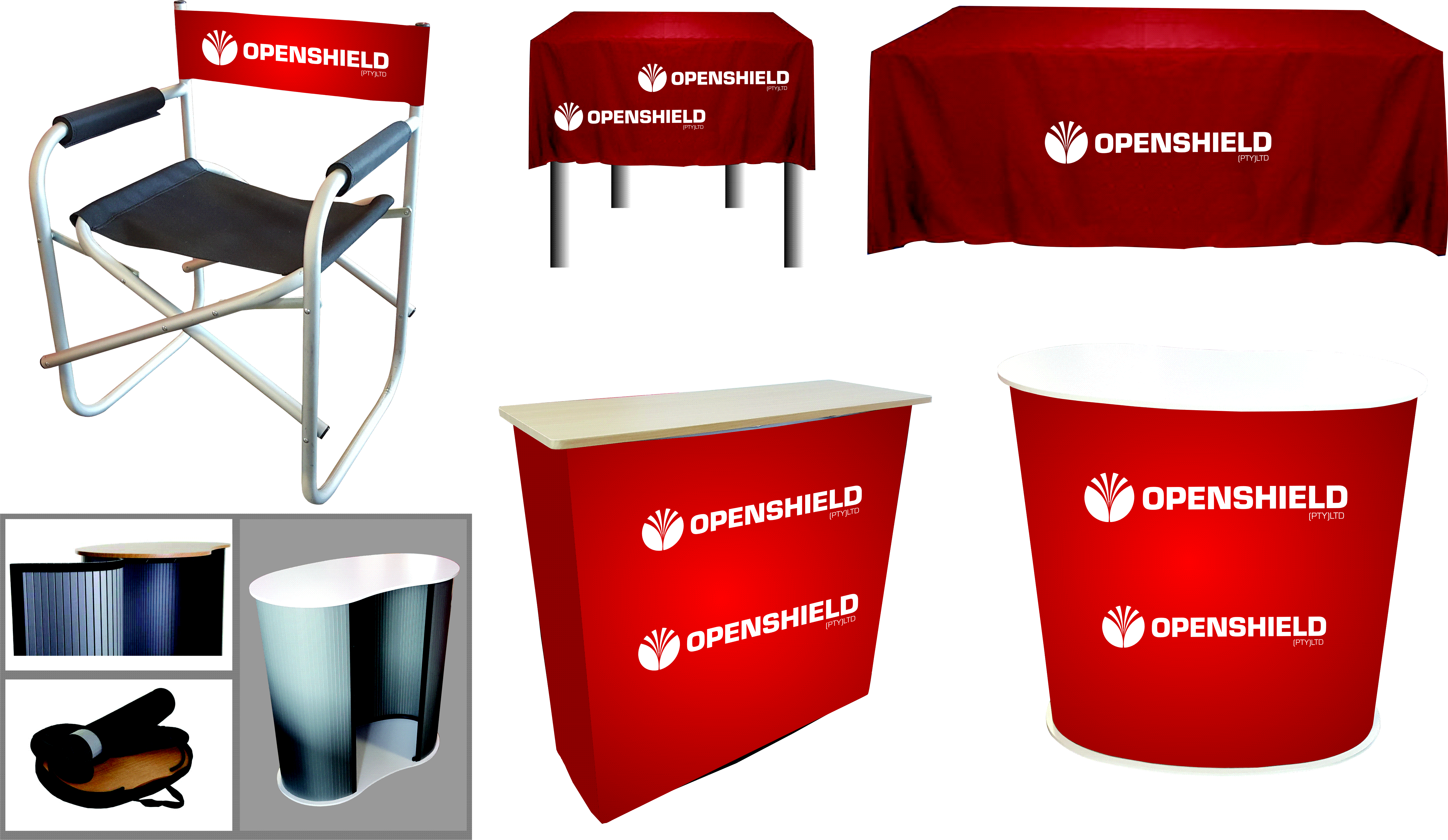 A Frames, Straight and Curved Podiums, Director's Chair, Branded Table cloths,